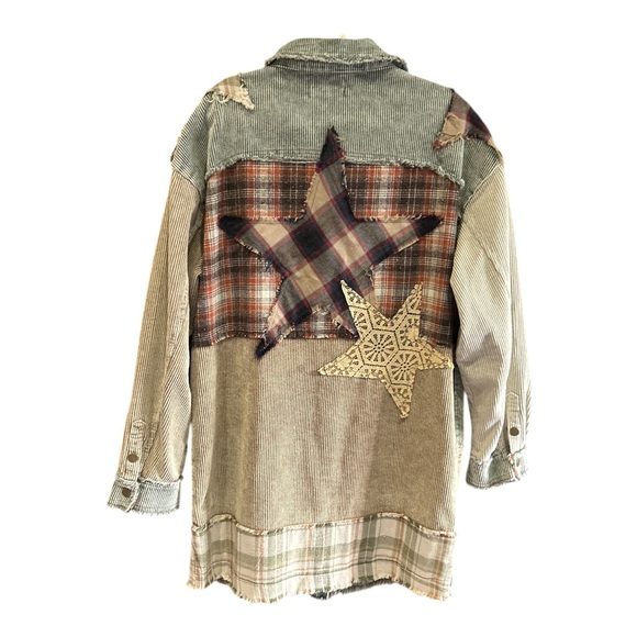 OLI & HALI Fireside Comfort Corduroy Patchwork Jacket Star Shacket Olive M - Picture 8 of 16